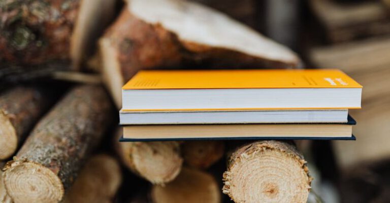 Resources - Books placed on edge of freshly prepared woodpile in backyard of countryside house